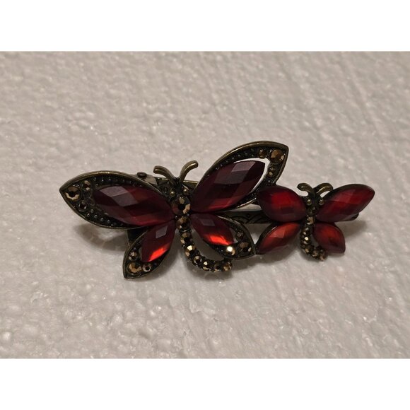 Accessories - Vintage Red Butterfly Marcasite Hair Barrette Clip Bronze Tone Elegant Accessory